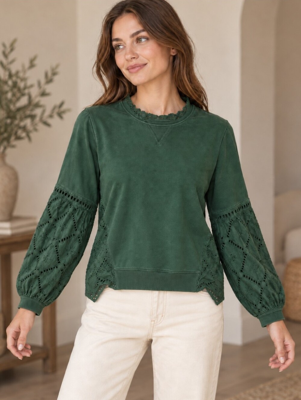 Anthropologie Women's Emerald Green Lace Eyelet Long Sleeve Sweater | XS